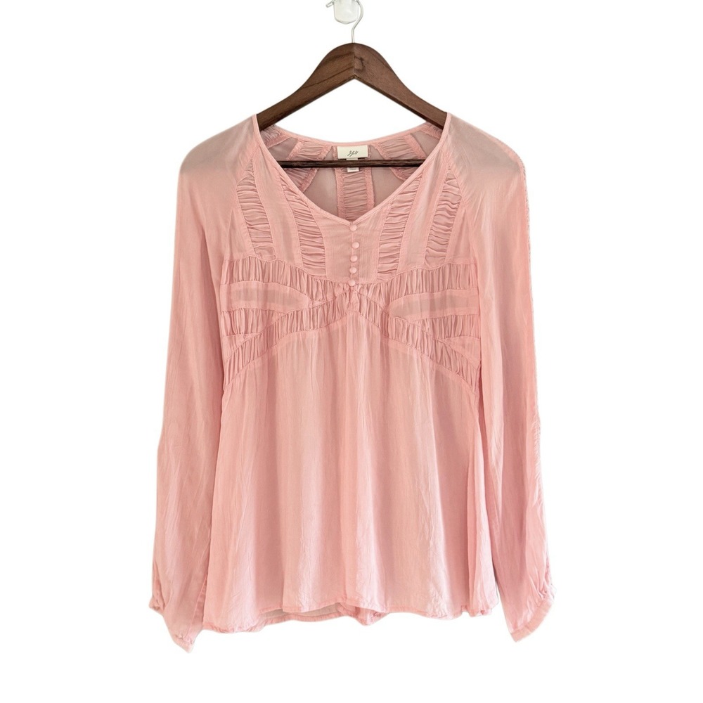 Y2K J.Jill Pastel Dusty Pink Pintuck Smocked Peasant Blouse Top Boho Romantic XS